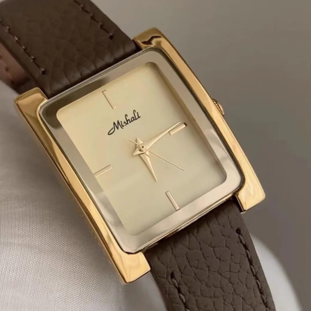 Classic Black/Grey Square Genuine Leather Wristwatch