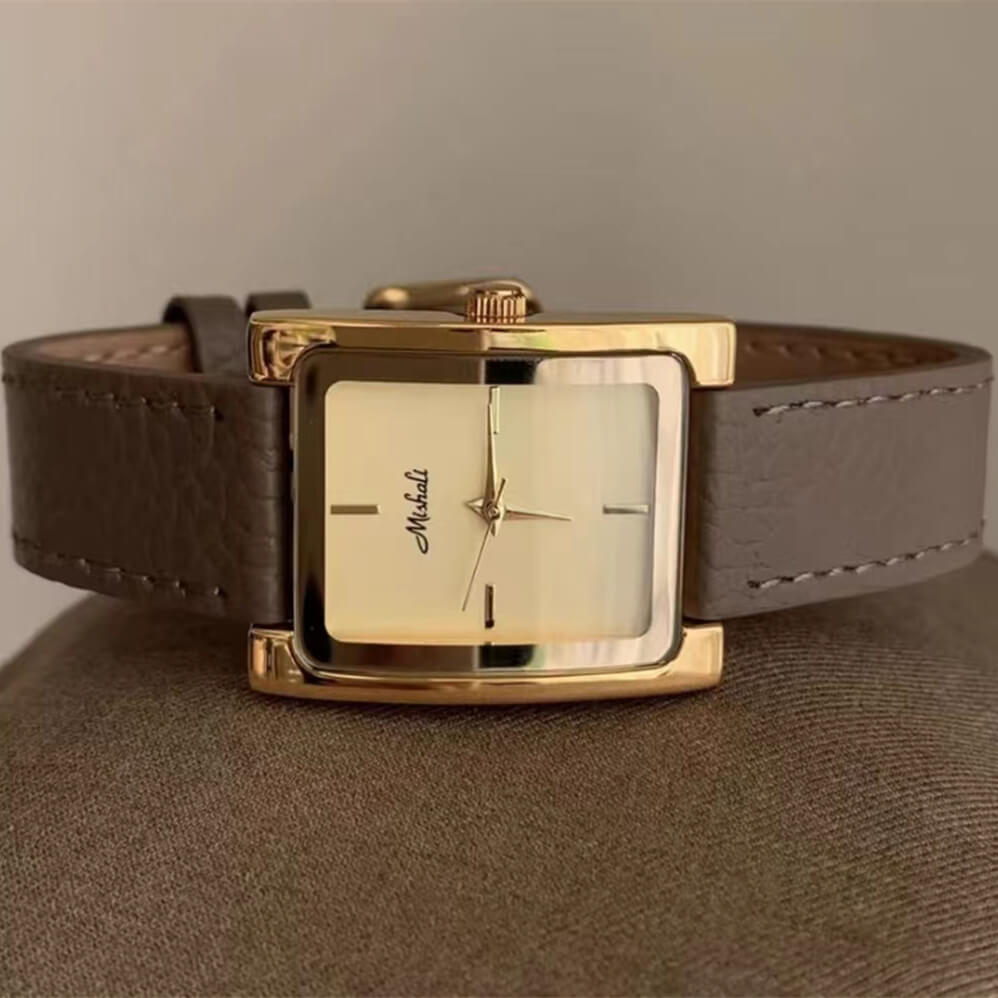 Classic Black/Grey Square Genuine Leather Wristwatch