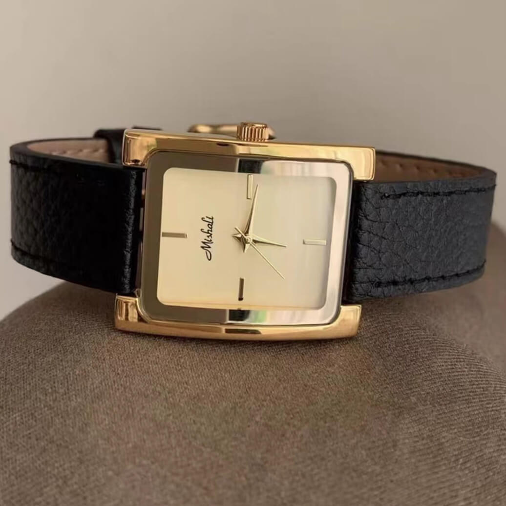 Classic Black/Grey Square Genuine Leather Wristwatch
