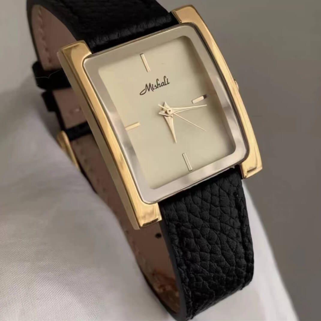 Classic Black/Grey Square Genuine Leather Wristwatch