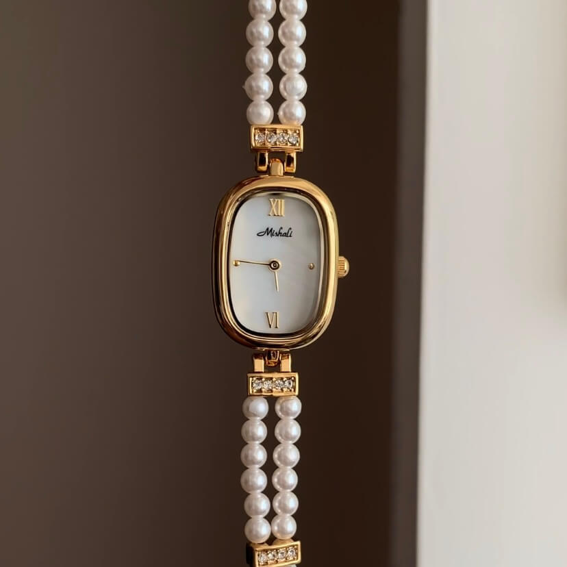 Dainty Style Oval Pearl Chain Ladies Watch