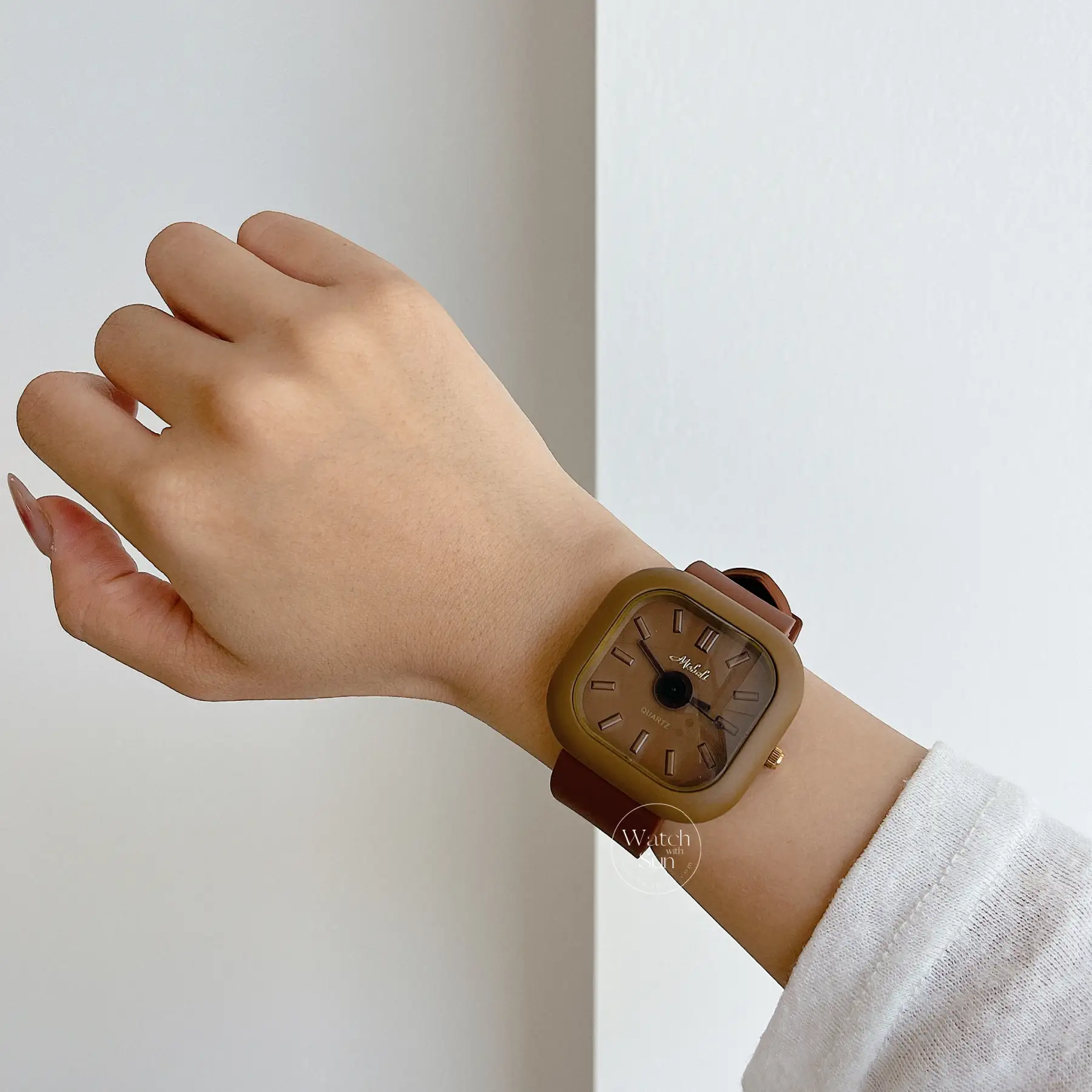 Minimalist Style Rectangle Face Brown Band Watch
