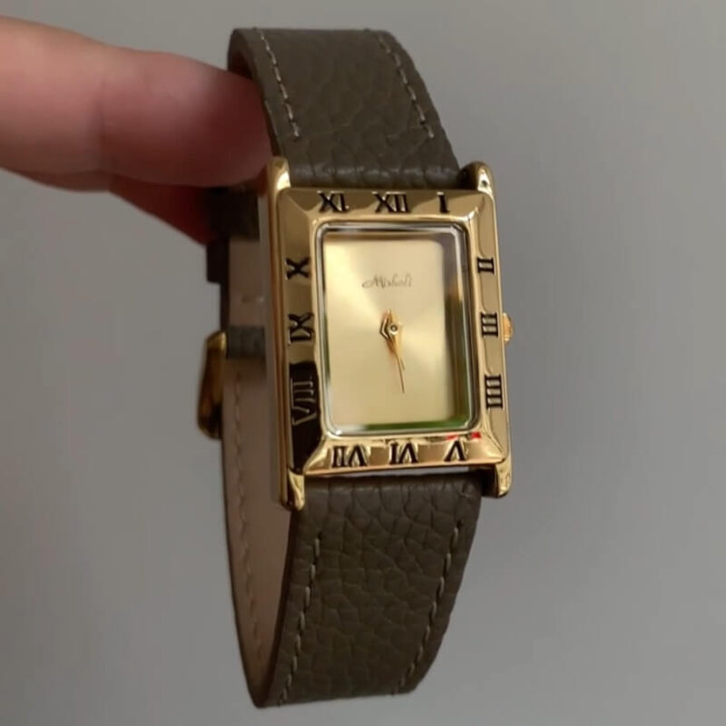 Classic Square Gold Face Genuine Leather Watch