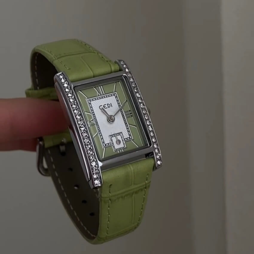 Classic Style Chic Blue/Green Square Face Genuine Leather Ladies Watch