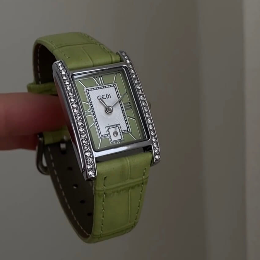 Classic Style Chic Blue/Green Square Face Genuine Leather Ladies Watch