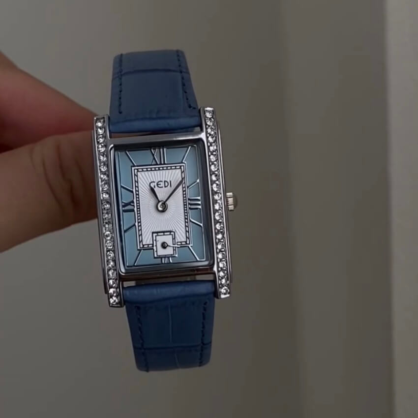 Classic Style Chic Blue/Green Square Face Genuine Leather Ladies Watch