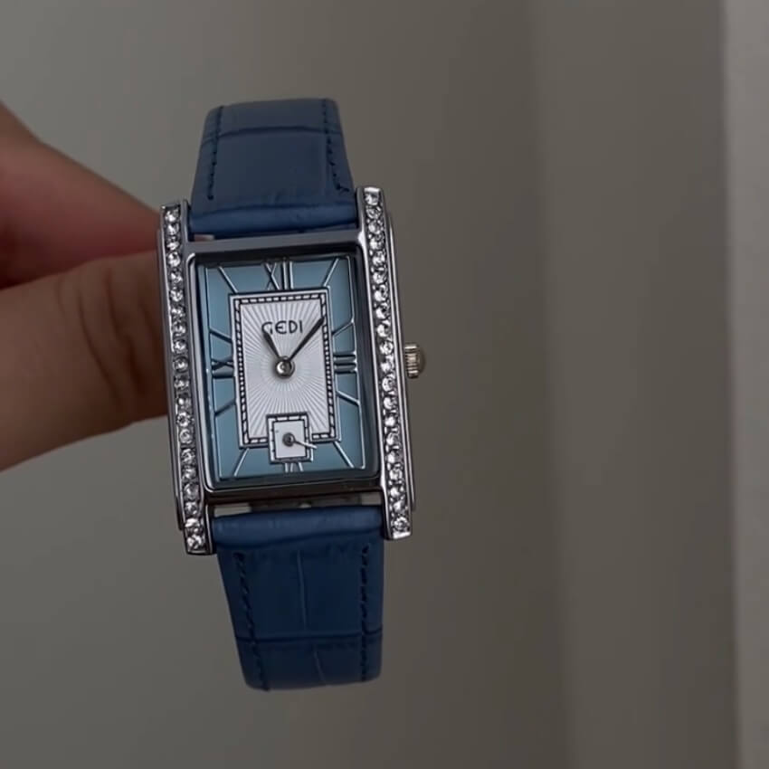 Classic Style Chic Blue/Green Square Face Genuine Leather Ladies Watch