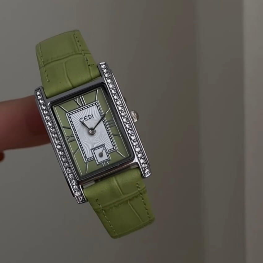 Classic Style Chic Blue/Green Square Face Genuine Leather Ladies Watch