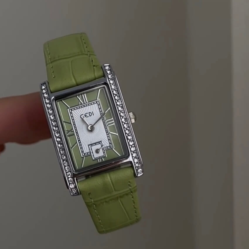 Classic Style Chic Blue/Green Square Face Genuine Leather Ladies Watch