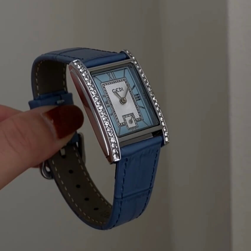 Classic Style Chic Blue/Green Square Face Genuine Leather Ladies Watch