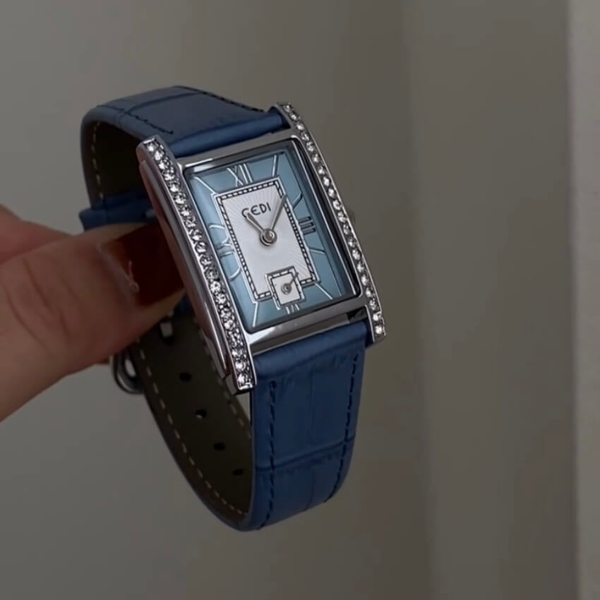 Classic Style Chic Blue/Green Square Face Genuine Leather Ladies Watch