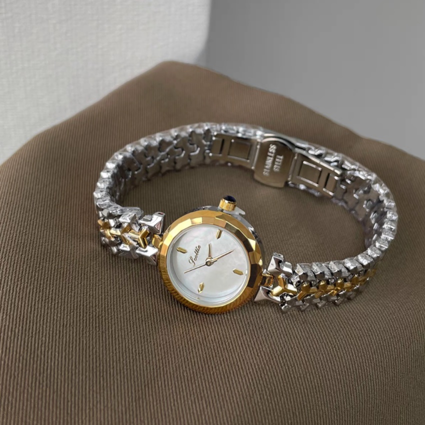 Cool Mother of Pearl Round Face Gold&Silver Two-tone Bracelet Women‘s Watch