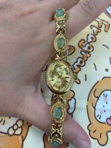 Vintage Oval Face Green Jade Stone Bracelet Watch