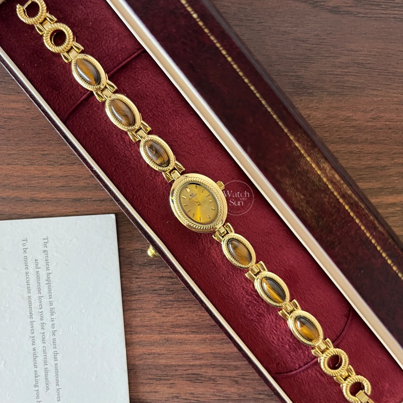Womens Vintage Natural Tiger's Eye Stone Bracelet Watch