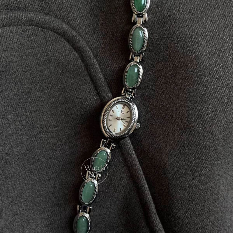 Vintage Green Jade Stone Silver Bracelet Women's Watch