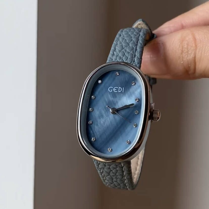 Minimalist Blue Mother of Pearl Face Leather Watch