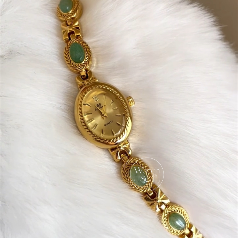 Vintage Oval Face Green Jade Stone Bracelet Watch