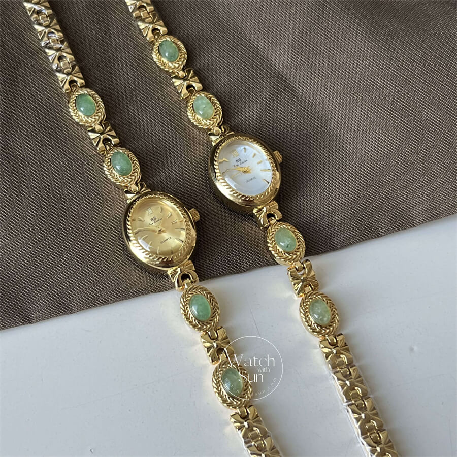 Vintage Oval Face Green Jade Stone Bracelet Watch