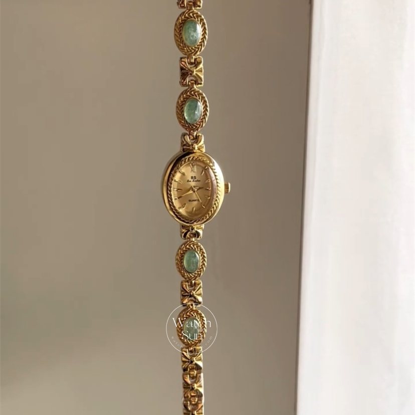 Vintage Oval Face Green Jade Stone Bracelet Watch