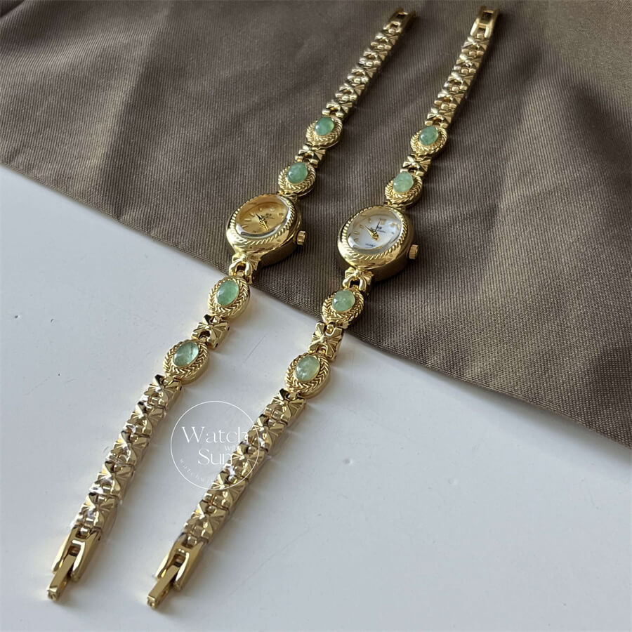 Vintage Oval Face Green Jade Stone Bracelet Watch