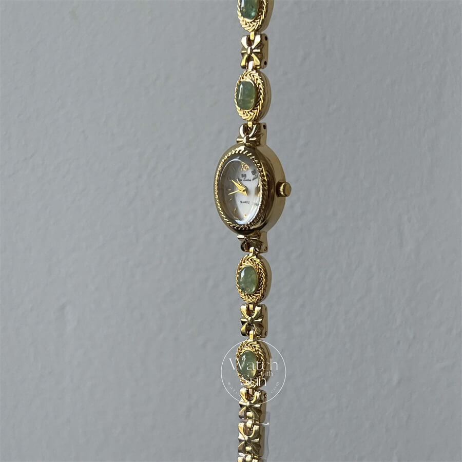 Vintage Oval Face Green Jade Stone Bracelet Watch