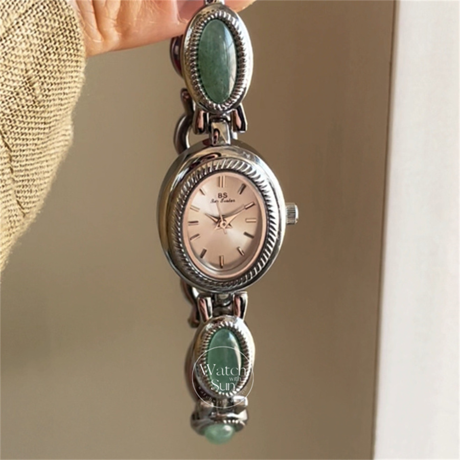Vintage Style Green Jade Stone Bracelet Watch
