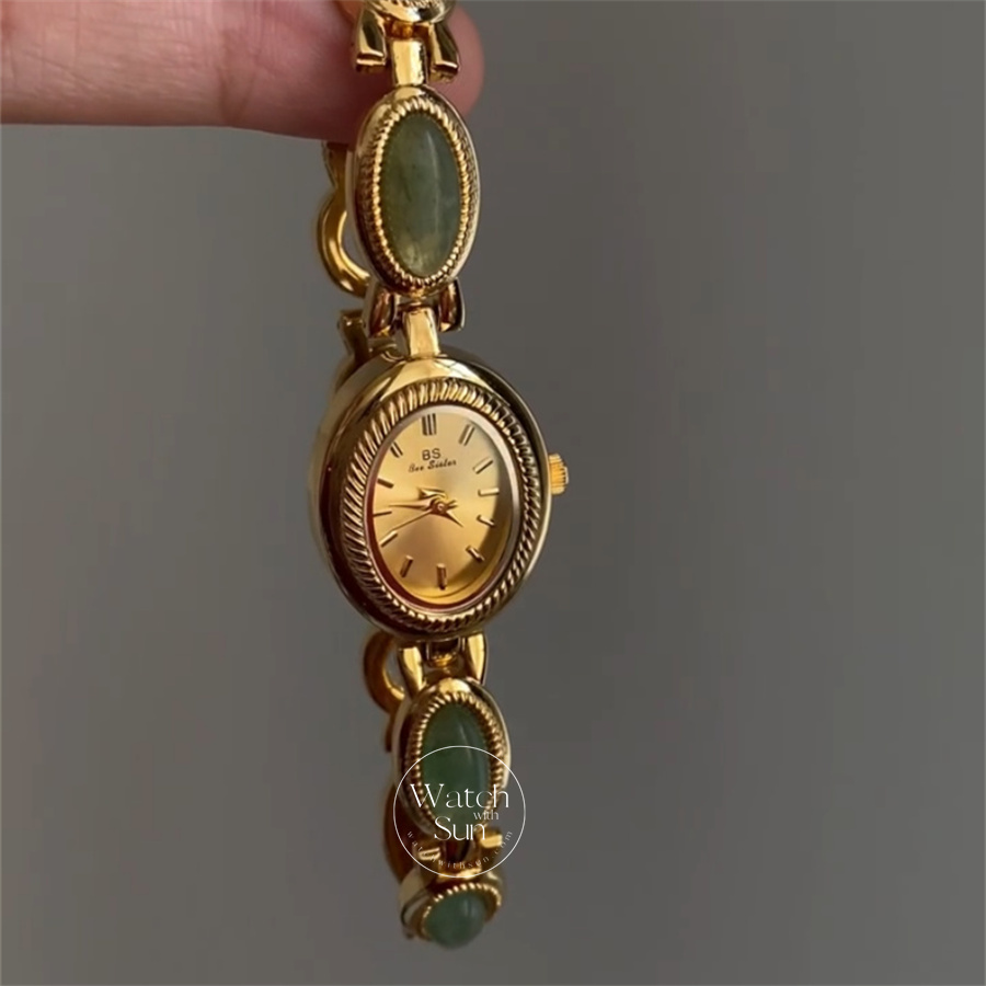Vintage Oval Face Green Jade Stone Bracelet Watch