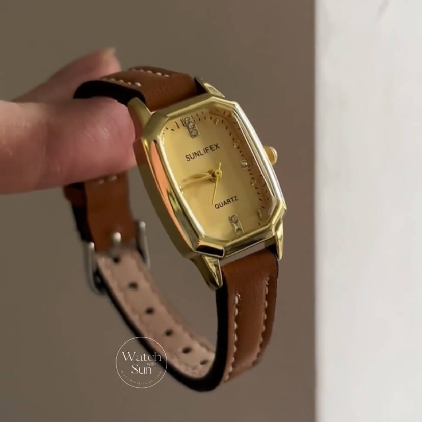Minimalist Rectangle Gold Face Brown/Black Leather WatchMinimalist Rectangle Gold Face Brown/Black Leather Watch