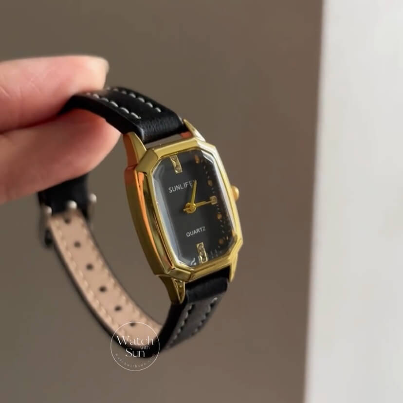 Minimalist Rectangle Gold Face Brown/Black Leather Watch