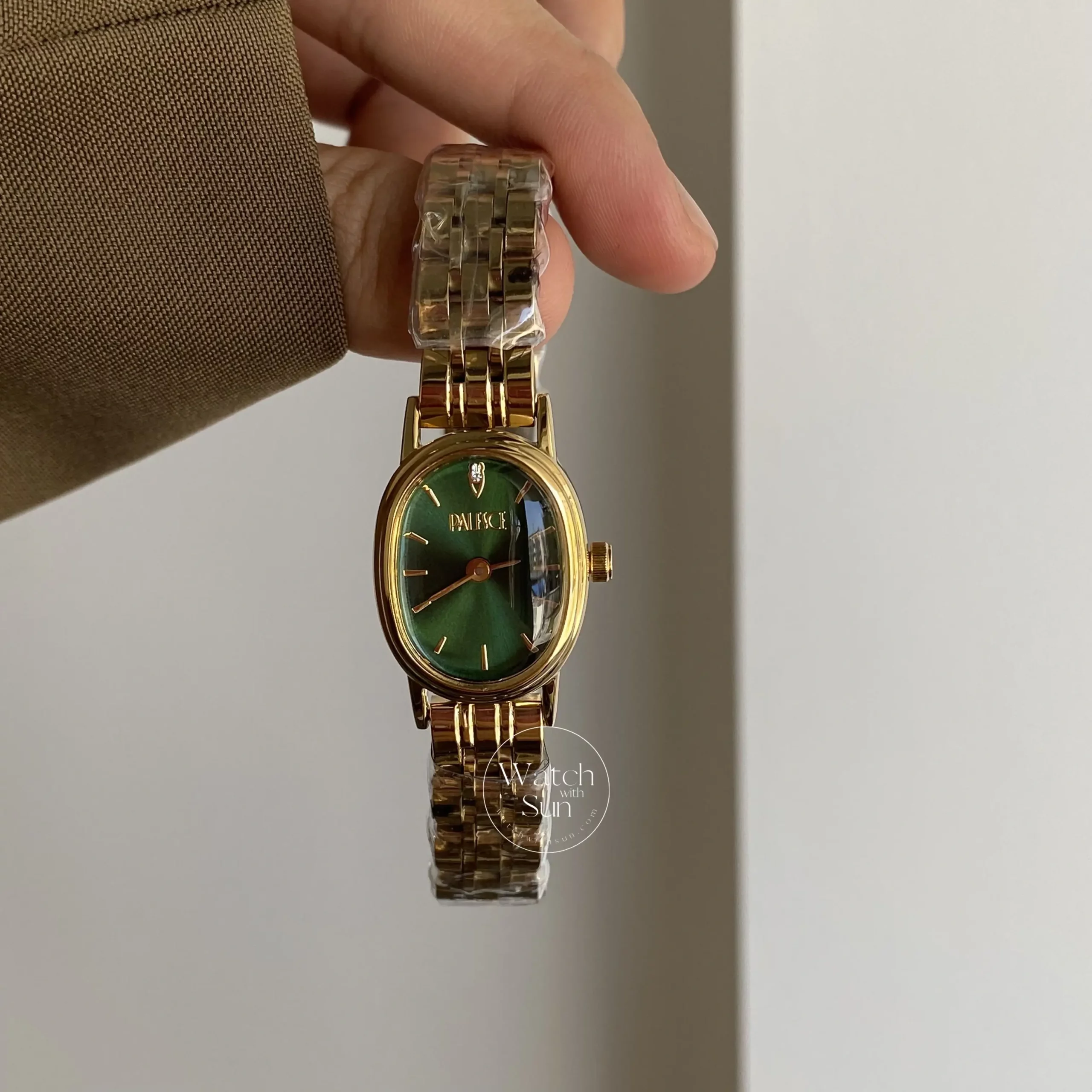 Oval Face Gold/Emerald Green Dial Bracelet Watch