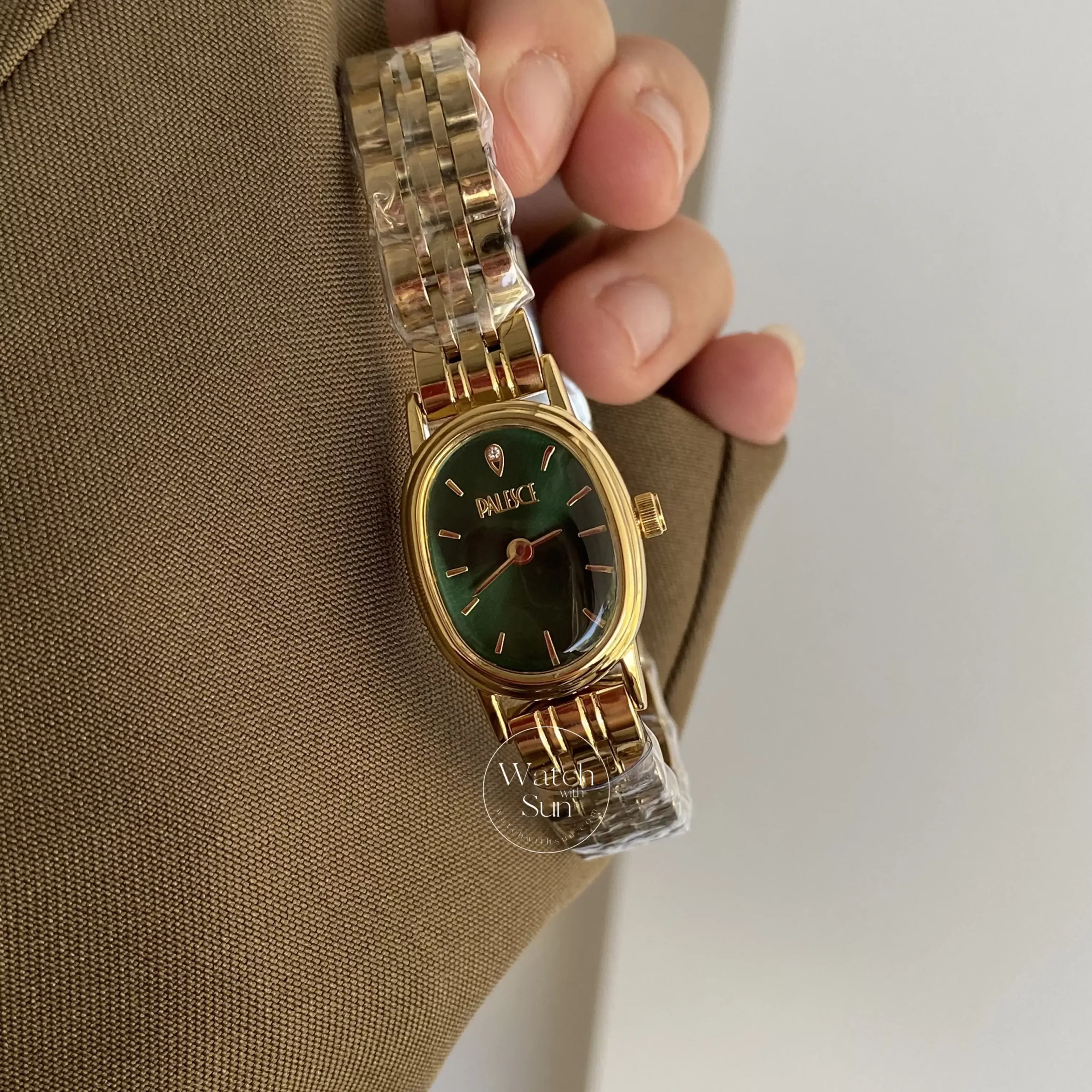 Oval Face Gold/Emerald Green Dial Bracelet Watch