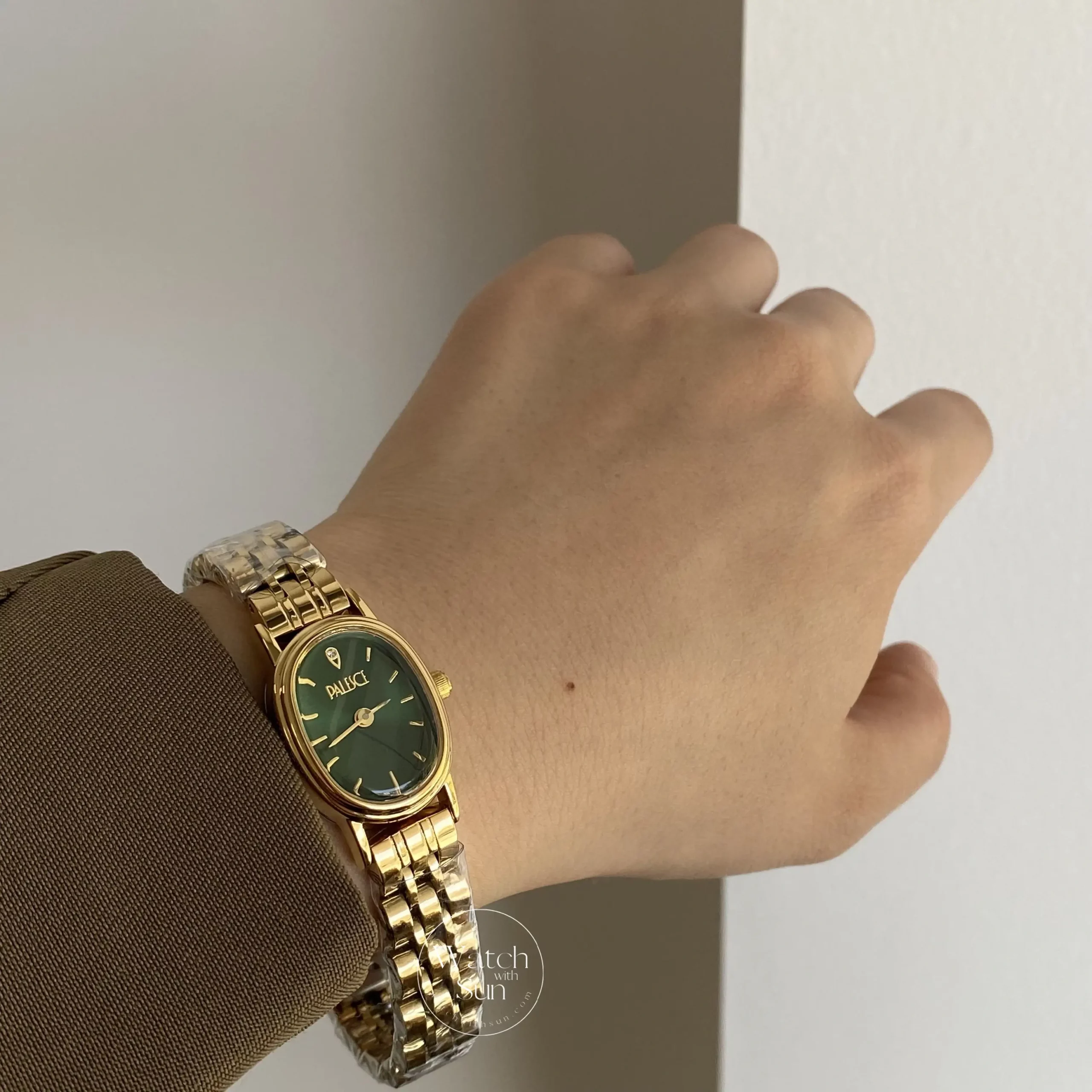 Oval Face Gold/Emerald Green Dial Bracelet Watch