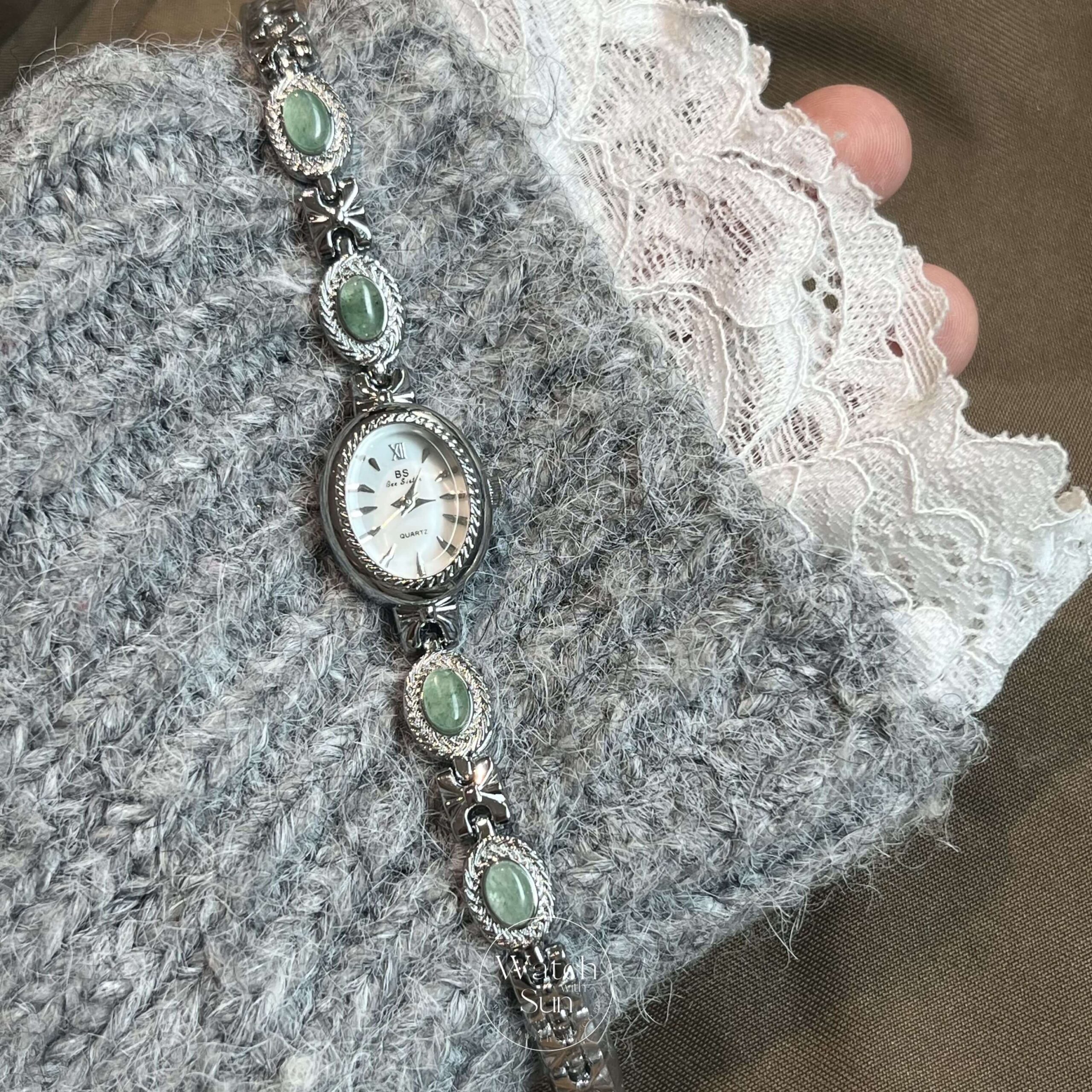 Oval Mother of Pearl Dial Green Jade Silver Bracelet Watch