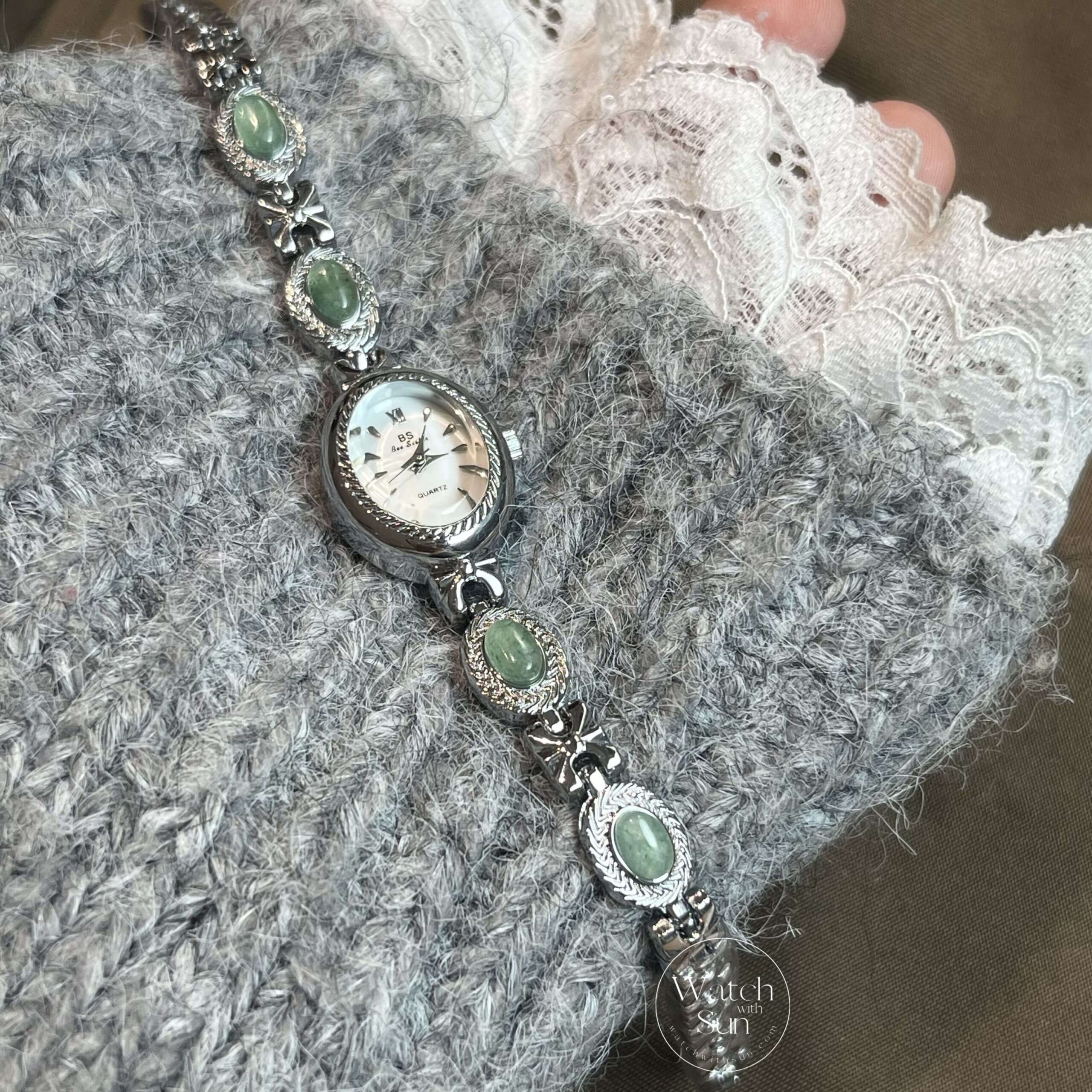 Oval Mother of Pearl Dial Green Jade Silver Bracelet Watch