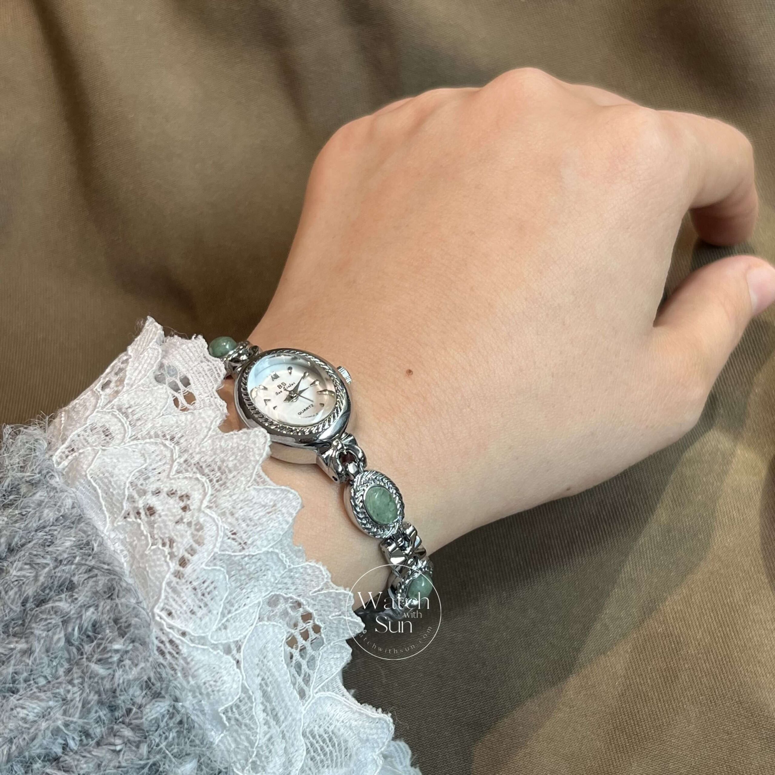 Oval Mother of Pearl Dial Green Jade Silver Bracelet Watch