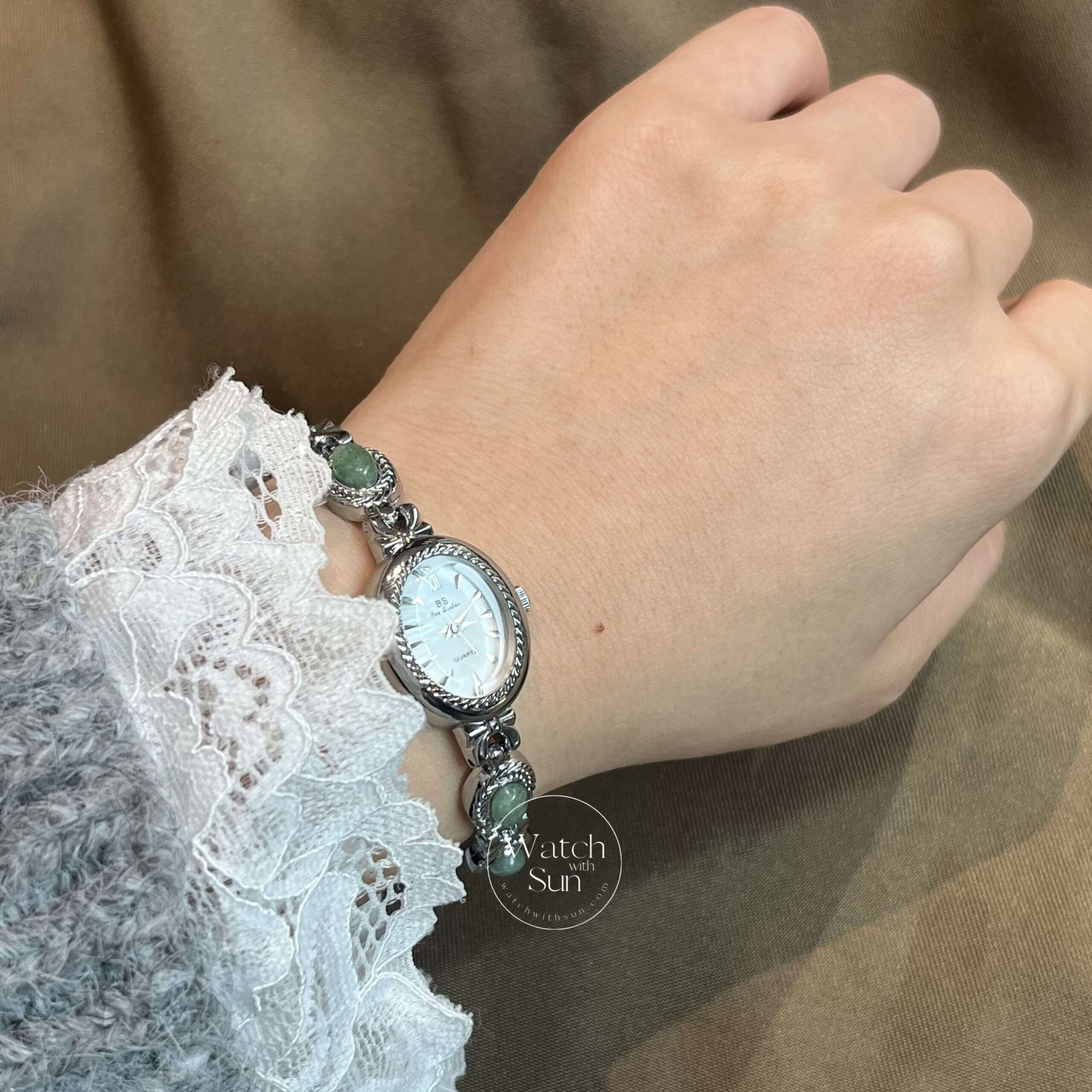 Oval Mother of Pearl Dial Green Jade Silver Bracelet Watch