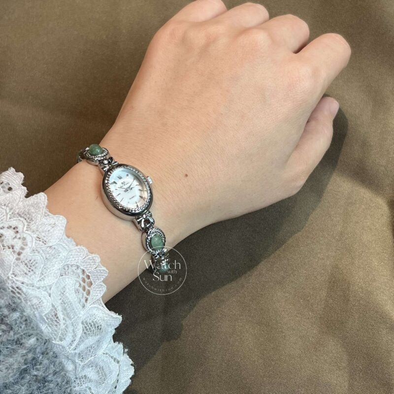 Oval Mother of Pearl Dial Green Jade Silver Bracelet Watch