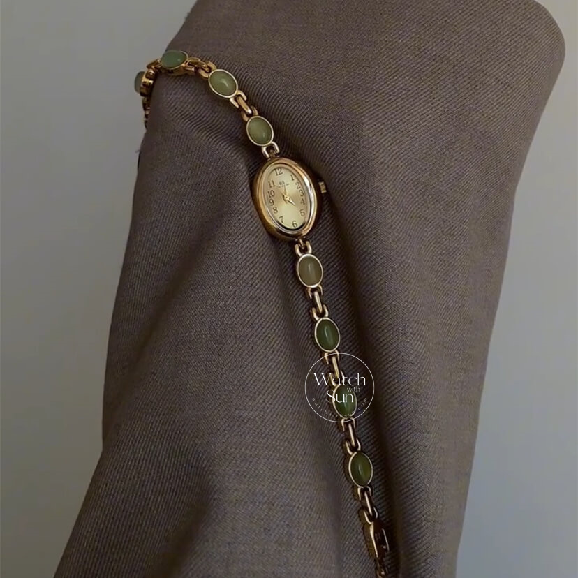 Vintage Style Green Jade Stone Bracelet Watch