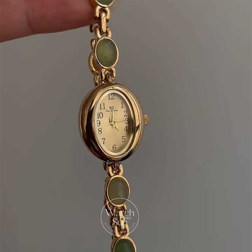 Vintage Style Green Jade Stone Bracelet Watch