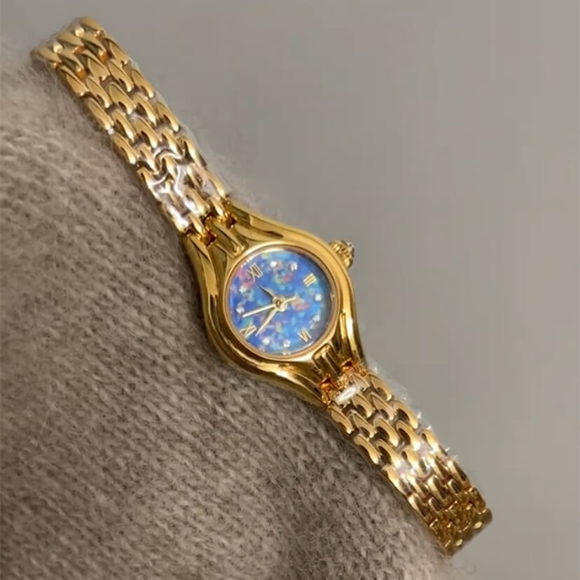 Vintage Style Small Blue Round Opal Face Watch