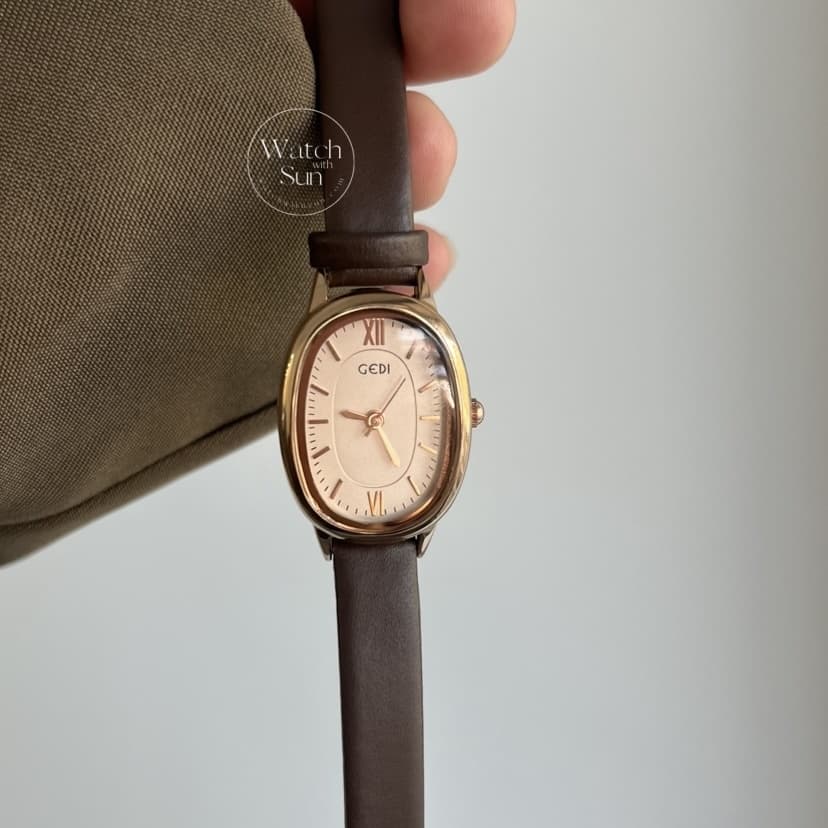 Minimalist Brown Leather Roman Numeral Oval Dial Women's Watch