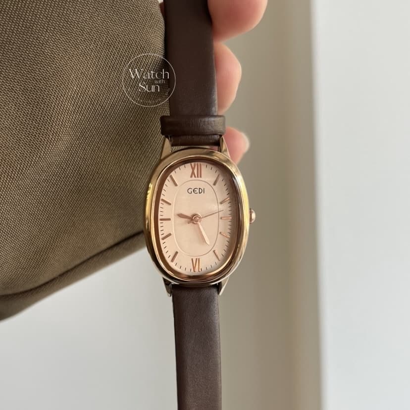 Minimalist Brown Leather Roman Numeral Oval Dial Women's Watch