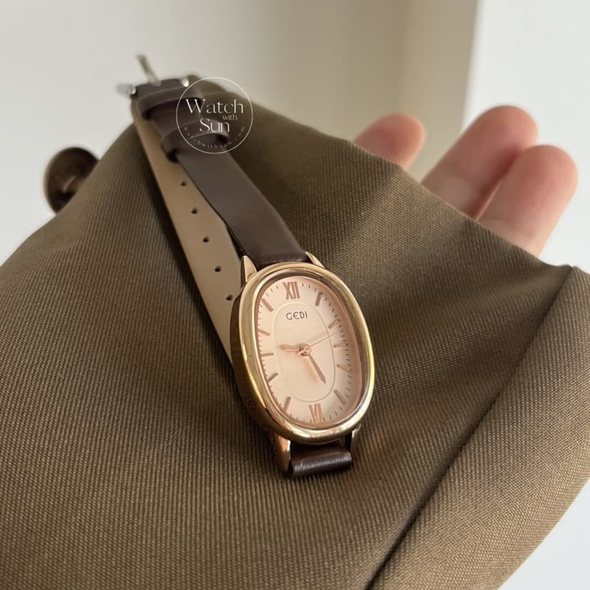 Minimalist Brown Leather Roman Numeral Oval Dial Women's Watch