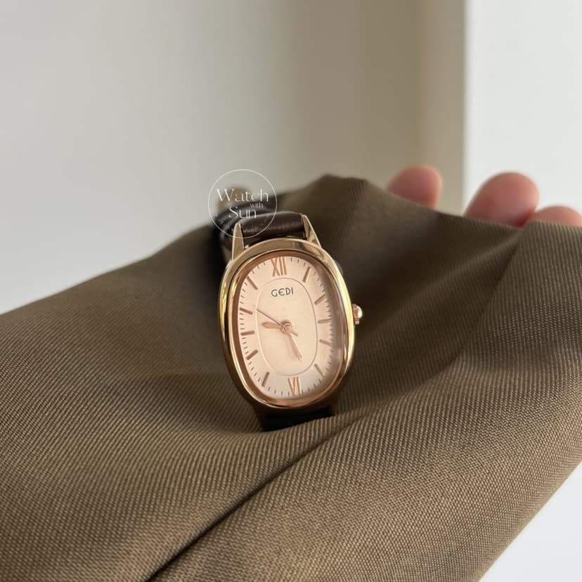 Minimalist Brown Leather Roman Numeral Oval Dial Women's Watch