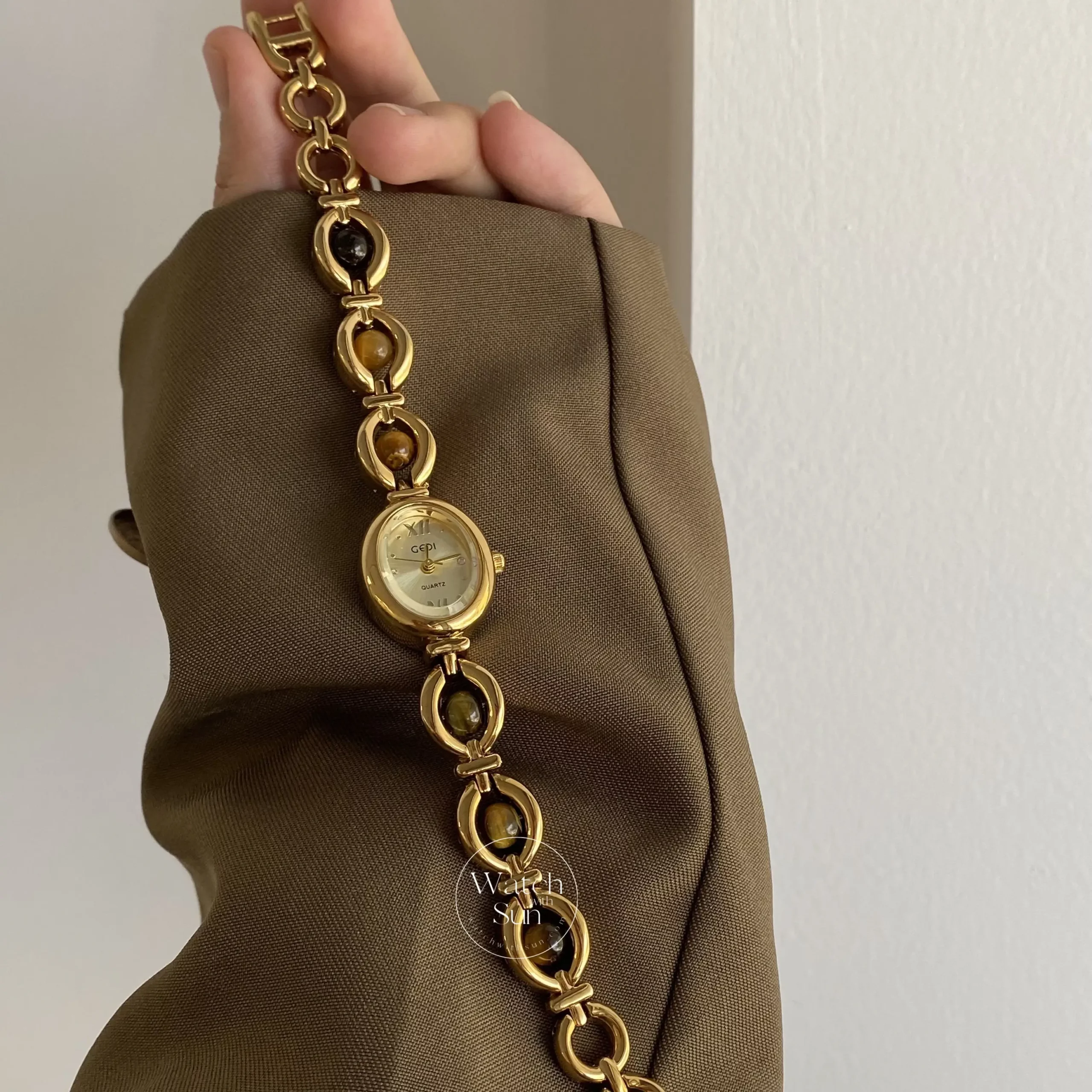 Oval Face Tiger's Eyes Stone Gold Bracelet Watch