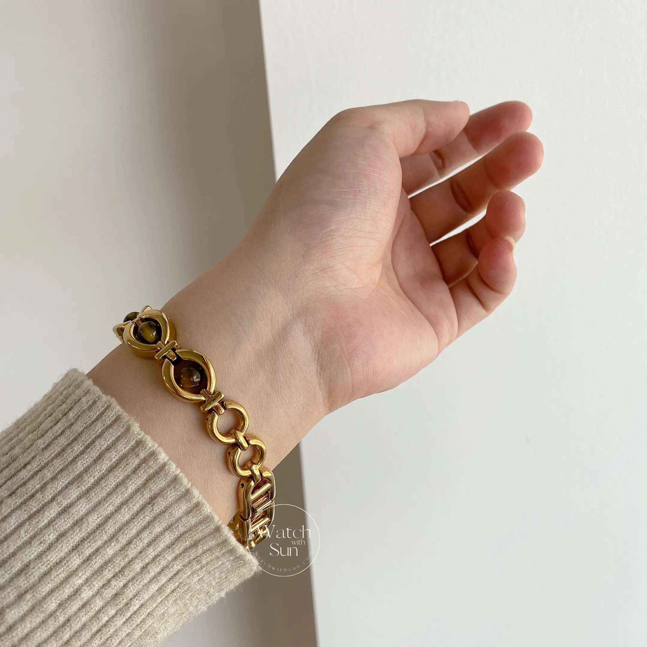 Oval Face Tiger's Eyes Stone Gold Bracelet Watch