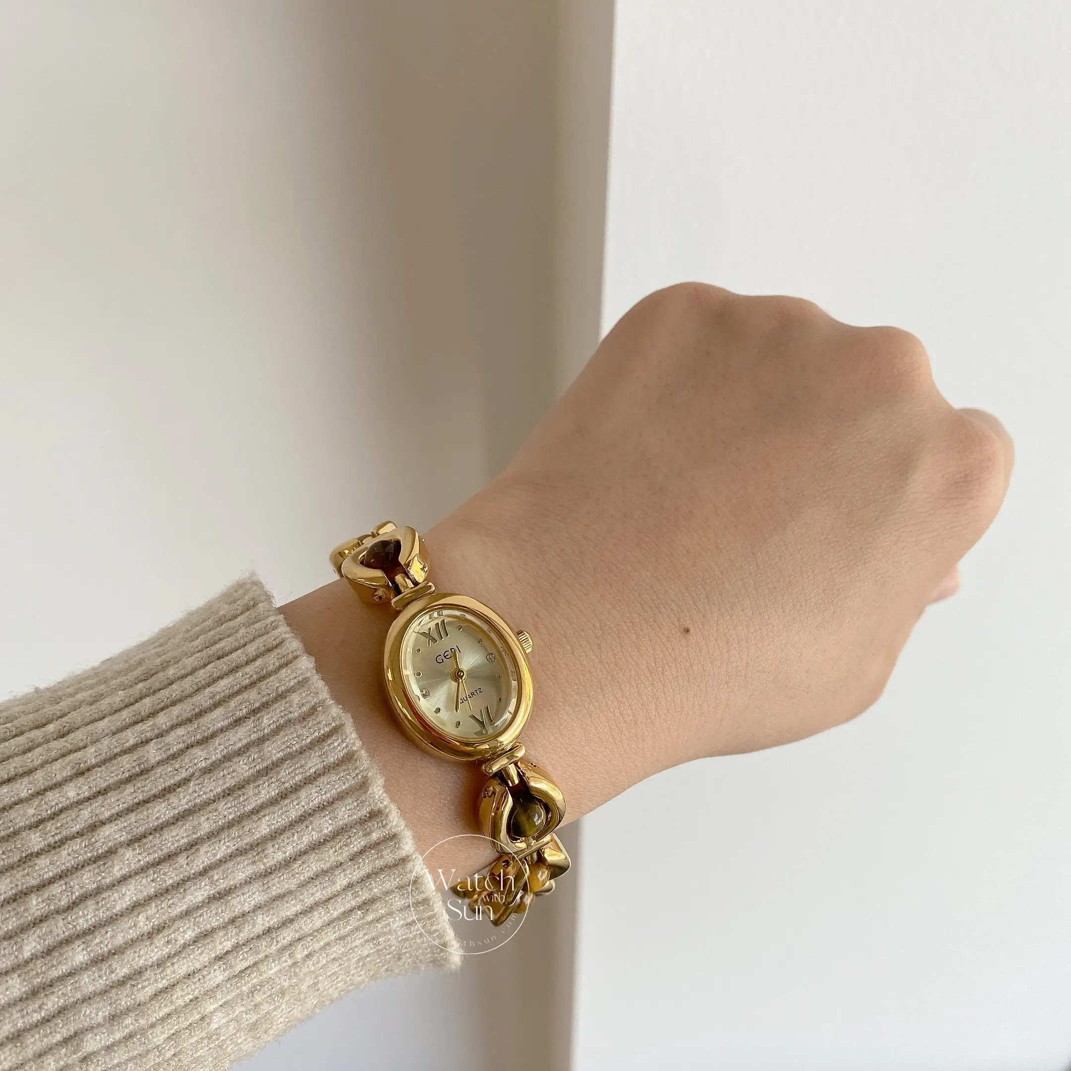 Oval Face Tiger's Eyes Stone Gold Bracelet Watch