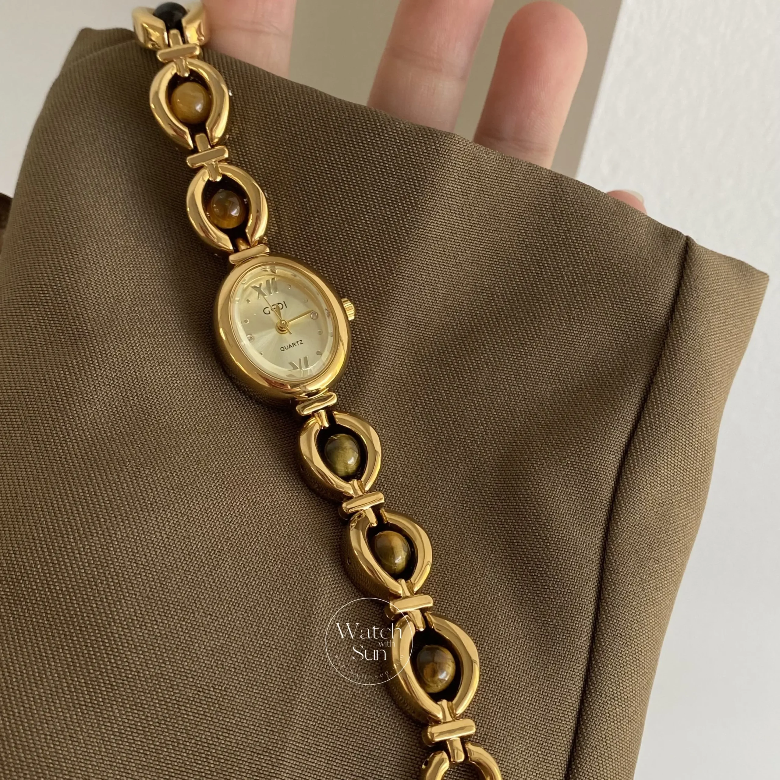 Oval Face Tiger's Eyes Stone Gold Bracelet Watch