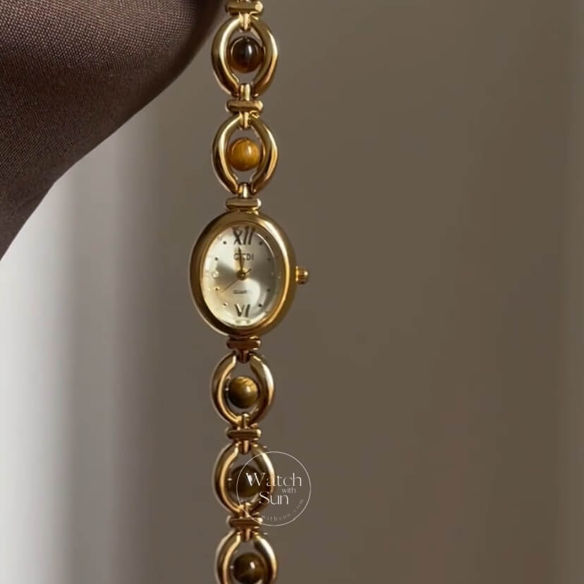 Oval Face Tiger's Eyes Stone Gold Bracelet Watch