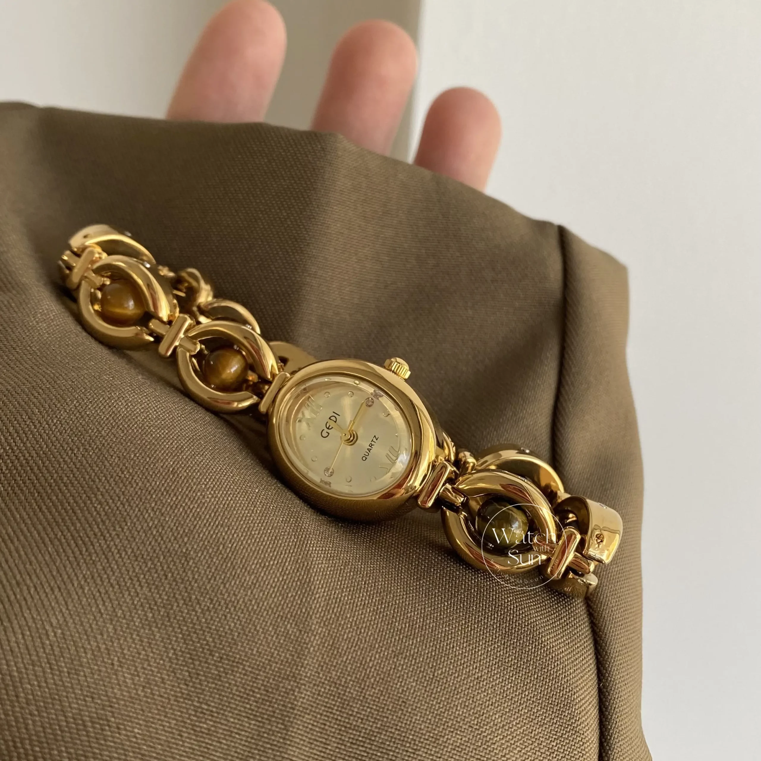 Oval Face Tiger's Eyes Stone Gold Bracelet Watch